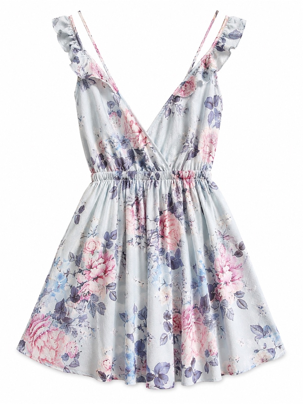 Harper Floral Ruffle Strap Dress - Light Blue, Pink & Lavender